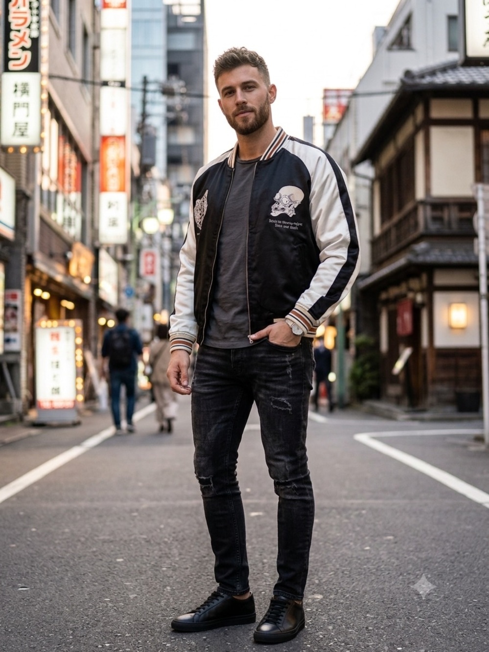 Skull and Cherry Blossom Black White Embroidered Bomber Souvenir Jacket Size M